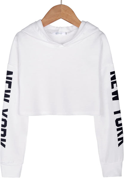 Girls Casual Letters Print Crop Top Loose Pullover Girl Hoodie Sweatshirt White & Letter 7-8 Years