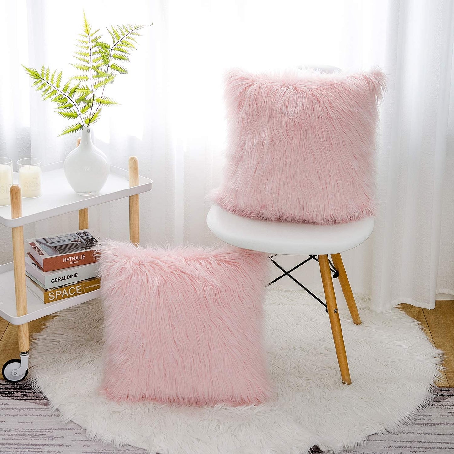 Set of 2 Valentines Day Pink Fluffy Pillow Covers New Luxury Series Merino Style Blush Faux Fur Decorative Throw Pillow Covers Square Fuzzy Cushion Case 18X18 Inch