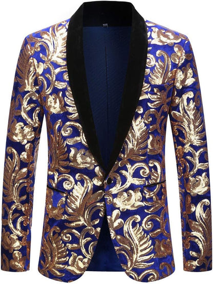 Men Fashion Velvet Sequins Floral Pattern Suit Jacket Blazer