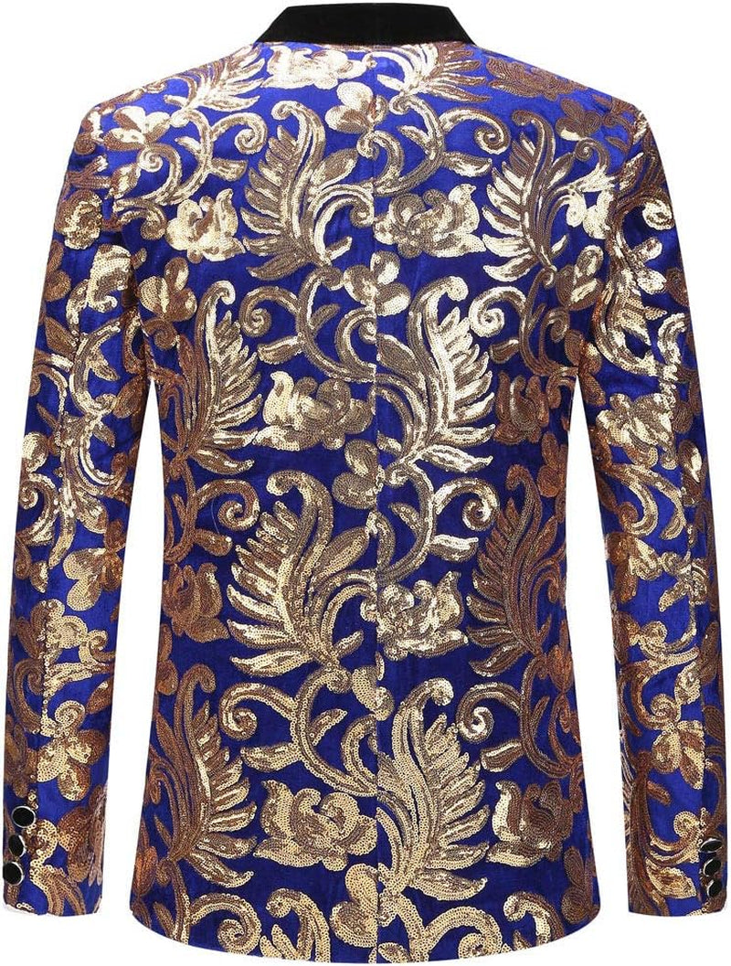 Men Fashion Velvet Sequins Floral Pattern Suit Jacket Blazer