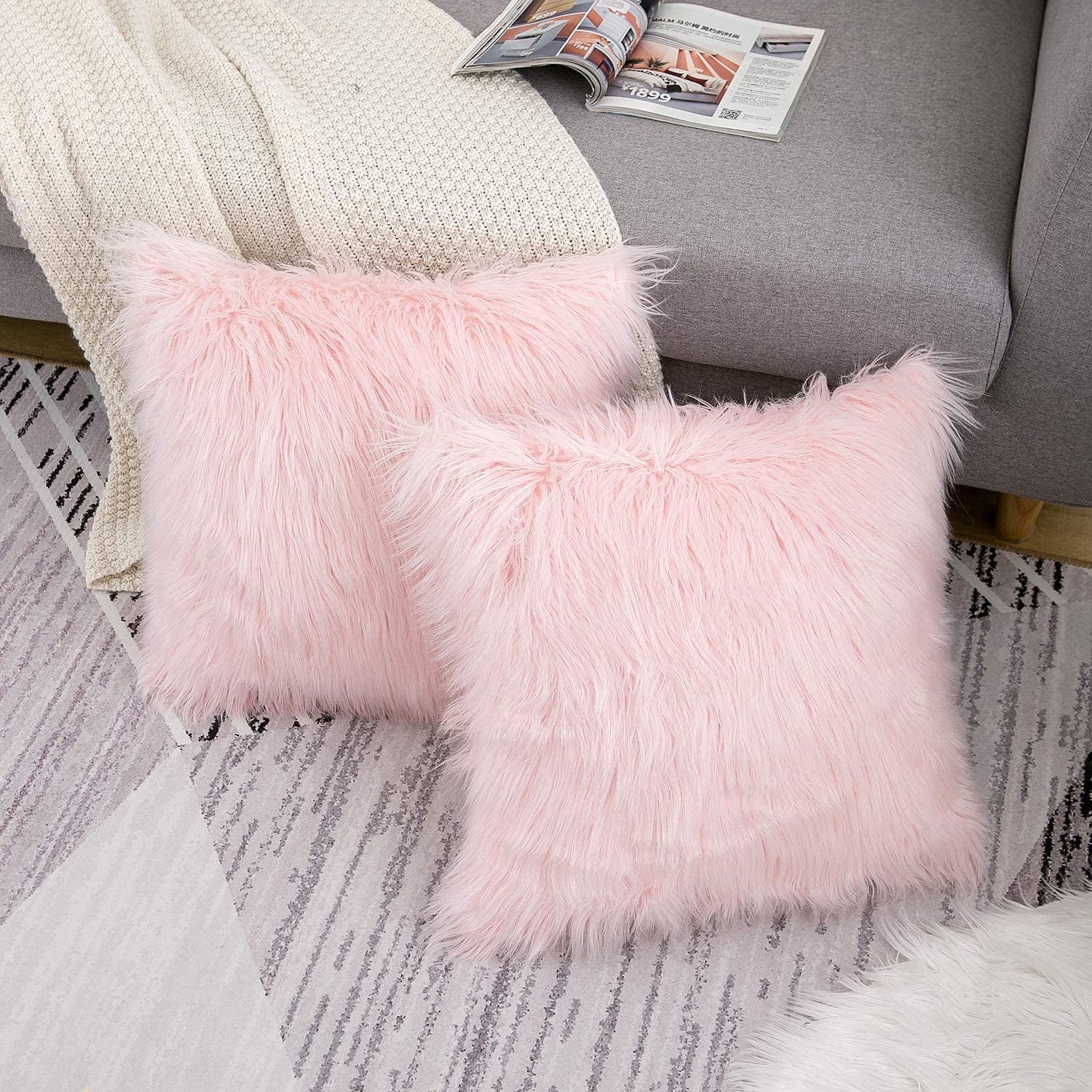 Set of 2 Valentines Day Pink Fluffy Pillow Covers New Luxury Series Merino Style Blush Faux Fur Decorative Throw Pillow Covers Square Fuzzy Cushion Case 18X18 Inch