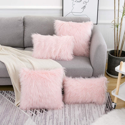 Set of 2 Valentines Day Pink Fluffy Pillow Covers New Luxury Series Merino Style Blush Faux Fur Decorative Throw Pillow Covers Square Fuzzy Cushion Case 18X18 Inch