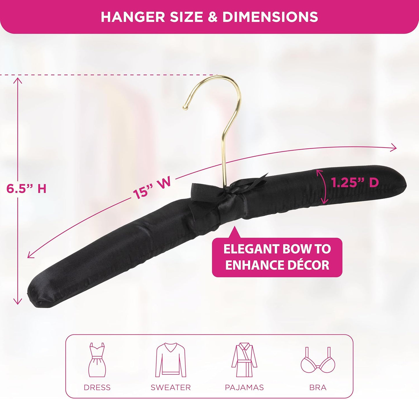 Padded Clothing Fabric Hangers for Women Clothing - Set of 12 Premium Coat Hangers for Closet, Bride Hanger for Wedding Dress, Sweater Hangers - Black